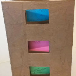 Chromatic Interactions, (cover) 2017, 13 x 38 x 9.25", interactive mixed media artists' book, file cards added by viewers