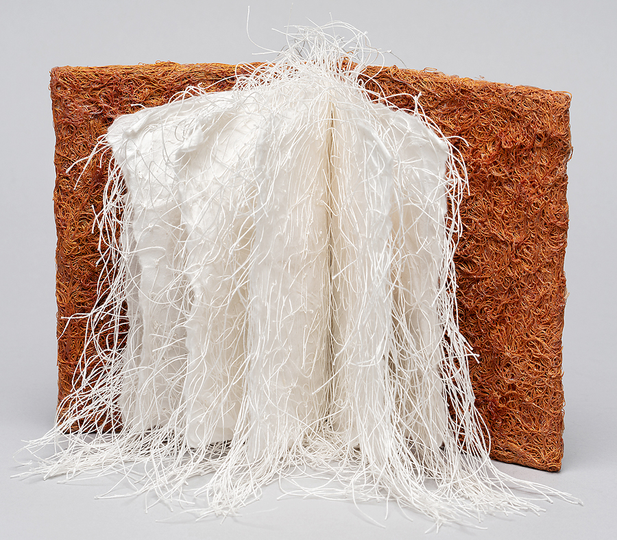 Debra Disman, "Burning Bush" (interior) (2018), 7.5 x 11 x 5.5 inches, board, paper, traditional sewing thread, linen thread, and dental floss. The book stands upright on a pedestal, shelf, table, or other surface parallel to the floor. (image courtesy the artist)