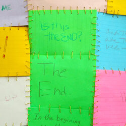 Chromatic Interactions: The Golden Thread, 2020, 76 x 90 x 1.5",  file cards by Craft Contemporary Museum patrons