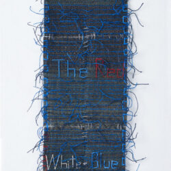 Blue Tapestry (Here's To The Red, White and Blue), 2021, 18.75 x 6.5", repurposed placemat, hemp cord, linen thread