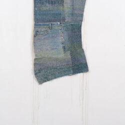 Concurrencies I: Charlotte Salomon Eva Hesse, 2022, 58 x 19.5", denim, varnish, hemp cord, gold thread
