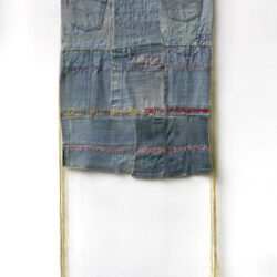 Concurrencies II: Charlotte Salomon Eva Hesse, 2023, 60 x 30", denim, varnish, hemp cord, gold thread