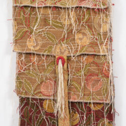 FruitFull, (detail), 2022, 65.5 x 12.5", textile samples, hemp cord, linen thread