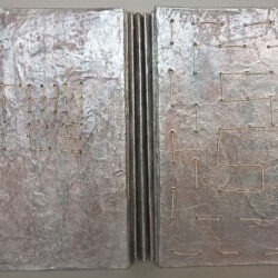 Thin Ice, (outside) 2016, 9 x 24 x 6.25", board, paper, hemp cord, gold thread, fabric, acrylic paint