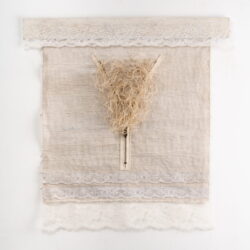 White Zip, 2020, 21.25" x 20.5" x .25", canvas, acrylic paint, lace, zipper, hemp cord