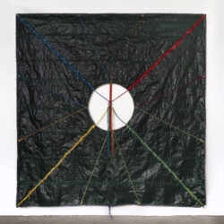 The Center Will Not Hold, 2023, 8 x 8', plastic landscaping tarp, hemp cord, yarn