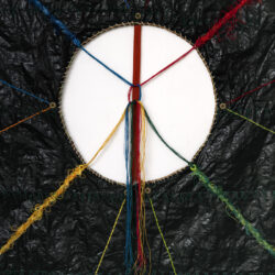 The Center Will Not Hold (detail), 2023, 8 x 8', plastic landscaping tarp, hemp cord, yarn