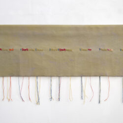 Six Stages of Knowing II, 2025, 24 x 45.5 x 1", canvas, acrylic paint, chalk, hemp cord, gold cord