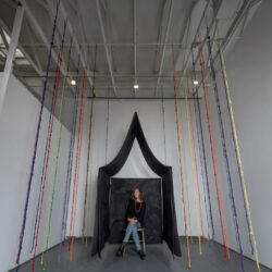 Sanctuary: Know Safe Space, 2025, 13' x 12' x 12', canvas, netting, burlap, cord, lace, ribbon, paint, wood, varnish