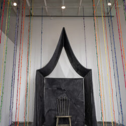 Sanctuary: Know Safe Space, 2025, 13' x 12' x 12' canvas, netting, burlap, cord, lace, ribbon, paint, wood, varnish