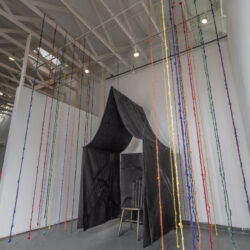 Sanctuary: Know Safe Space, 2025,13' x 12' x 12' canvas, netting, burlap, cord, lace, ribbon, paint, wood, varnish