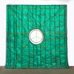 GreenPiece, 2025-, 8 x 8', plastic landscaping tarp, hemp/assorted cord, acrylic paint, metal