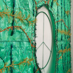 GreenPiece, (detail), 2025-, 8 x 8', plastic landscaping tarp, hemp/assorted cord, acrylic paint, metal