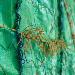 GreenPiece, (detail), 2025-, 8 x 8', plastic landscaping tarp, hemp/assorted cord, acrylic paint, metal