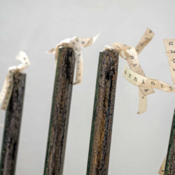 SpeakEasy Chair, (detail), -2025, 36 x 17.5 x 17", wood chair, typewriter / eraser tape, acrylic paint, varnish