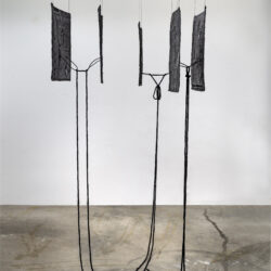 Interlocutors, 2026, 63.5 x 30 x 38" (dimensions variable), canvas, netting, lace, burlap, assorted cord and string, yarn, wire, acrylic paint, varnish