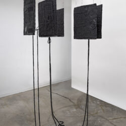Interlocutors, 2026, 63.5 x 30 x 38" (dimensions variable), canvas, netting, lace, assorted cord and string, yarn, acrylic paint, varnish