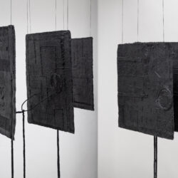 Interlocutors, (detail), 2026, 63.5 x 30 x 38" (dimensions variable), canvas, netting, lace, assorted cord and string, yarn, acrylic paint, varnish