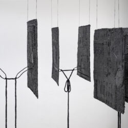 Interlocutors, (detail), 2026, 63.5 x 30 x 38" (dimensions variable), canvas, netting, lace, assorted cord and string, yarn, acrylic paint, varnish